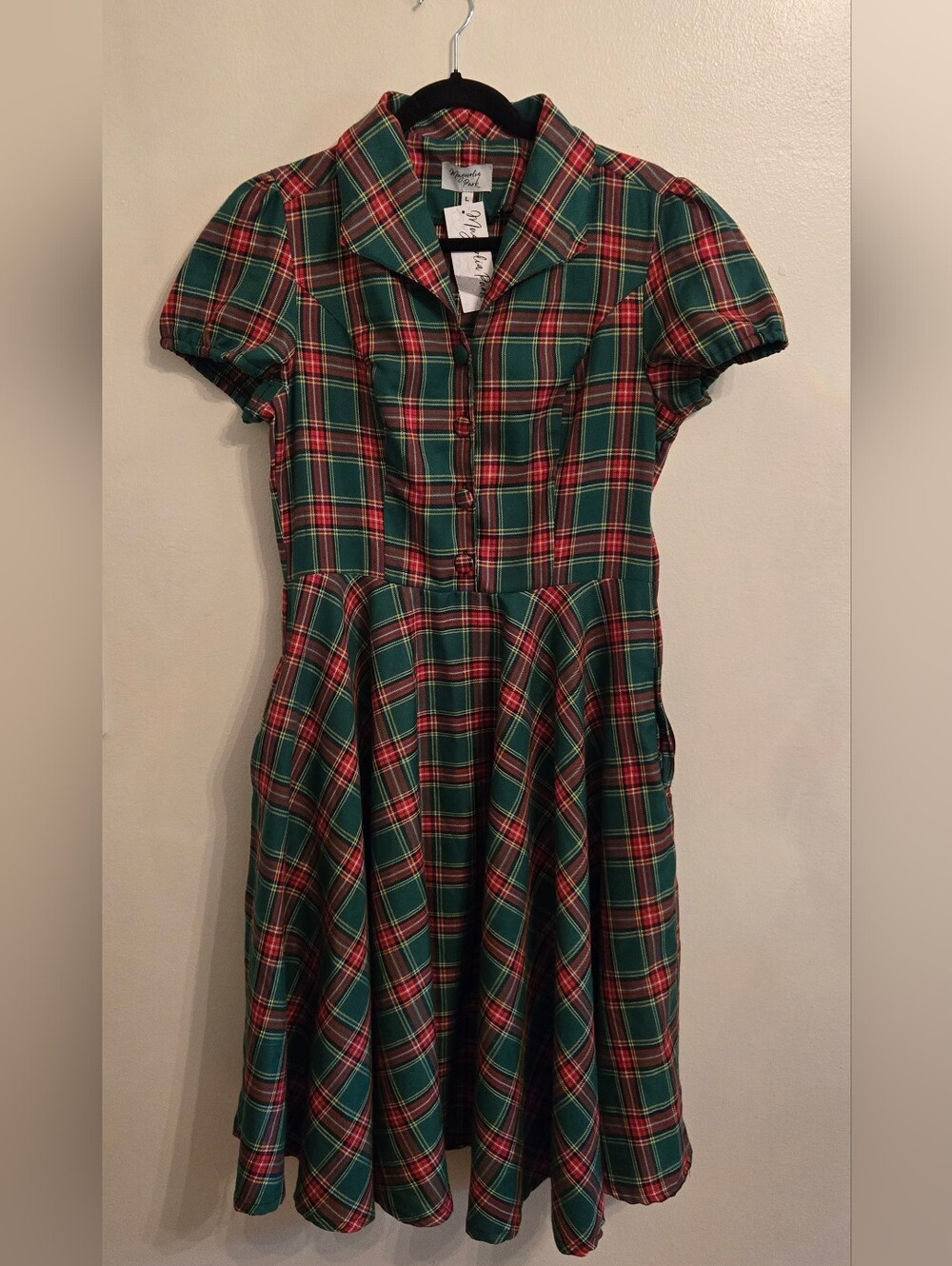Magnolia Park Retro 50s Green Red Tartan Plaid Swing Midi Dress Large NWT